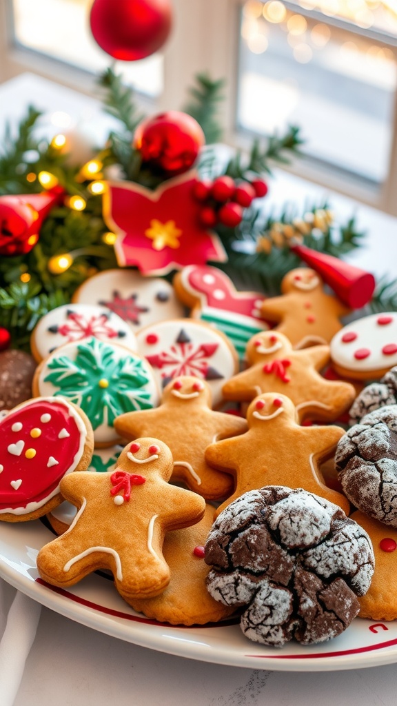 A festive platter of assorted Christmas cookies with decorations, surrounded by holiday decorations.